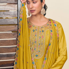 Yellow Chinon Silk Embroidered Lehenga Style Suit