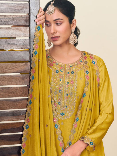 Yellow Chinon Silk Embroidered Lehenga Style Suit