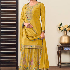 Yellow Chinon Silk Embroidered Lehenga Style Suit