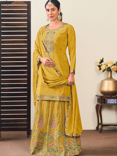 Yellow Chinon Silk Embroidered Lehenga Style Suit