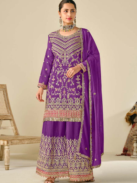 Violet Premium Chinon Embroidered Palazzo Suit