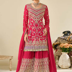 Red Premium Chinon Embroidered Palazzo Suit