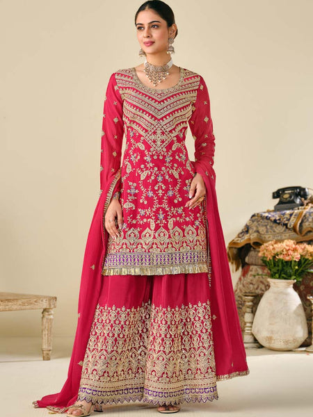 Red Premium Chinon Embroidered Palazzo Suit
