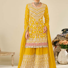 Yellow Premium Chinon Embroidered Palazzo Suit