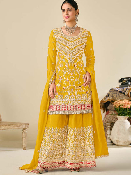 Yellow Premium Chinon Embroidered Palazzo Suit