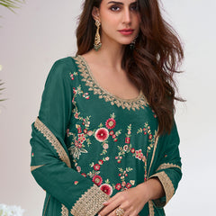Green Chinon Silk Embroidered Palazzo Suit
