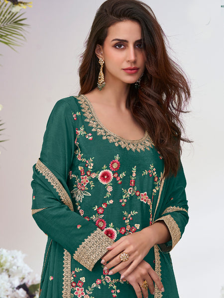 Green Chinon Silk Embroidered Palazzo Suit