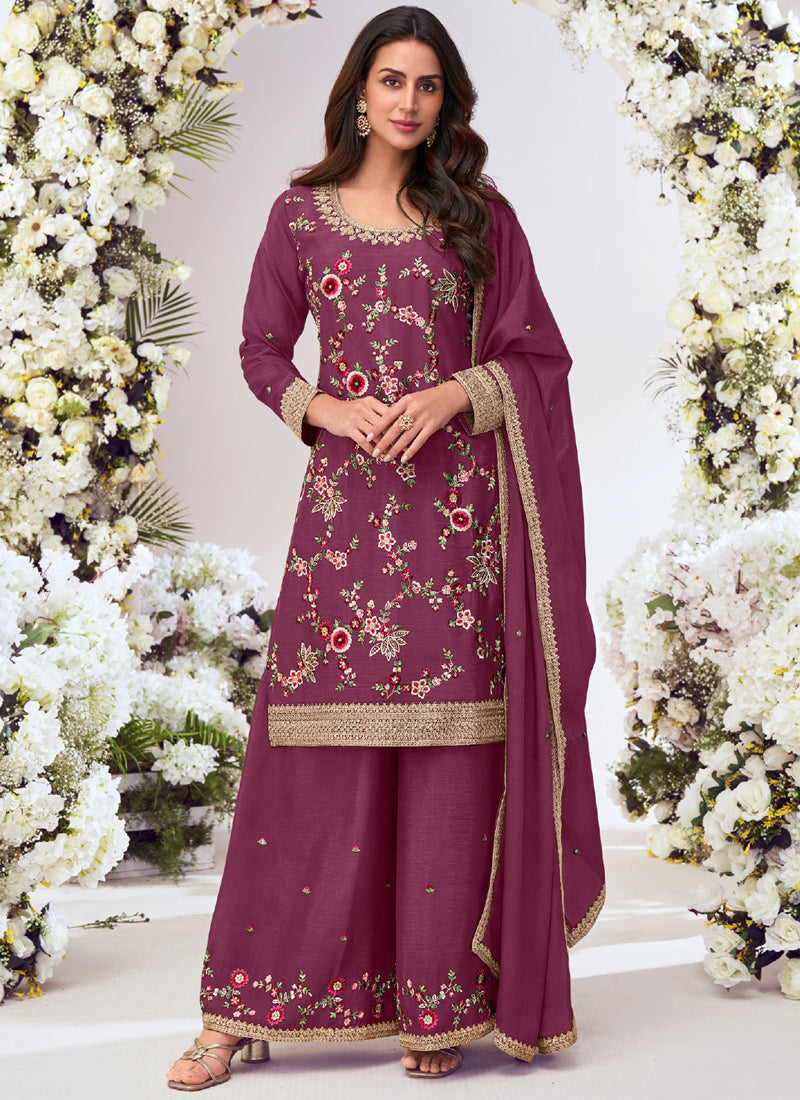Purple Chinon Silk Embroidered Palazzo Suit