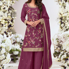 Purple Chinon Silk Embroidered Palazzo Suit