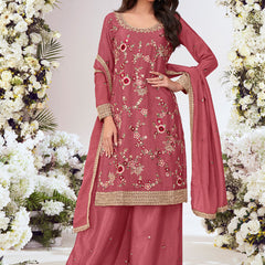 Peach Chinon Silk Embroidered Palazzo Suit