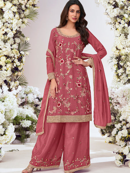 Peach Chinon Silk Embroidered Palazzo Suit