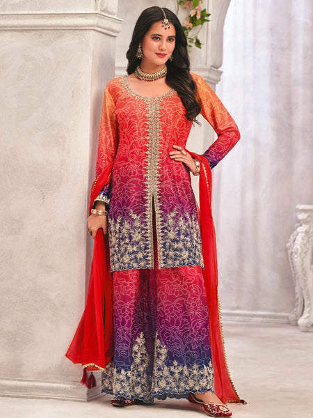 Red Premium Chinon Embroidered Palazzo Suit