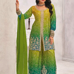 Green Premium Chinon Embroidered Palazzo Suit