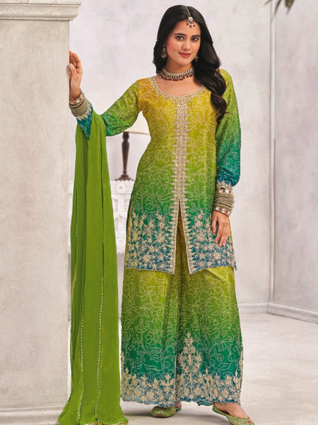 Green Premium Chinon Embroidered Palazzo Suit