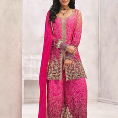 Pink Premium Chinon Embroidered Palazzo Suit