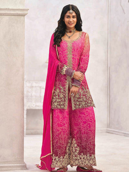 Pink Premium Chinon Embroidered Palazzo Suit