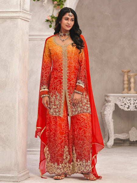 Orange Premium Chinon Embroidered Palazzo Suit