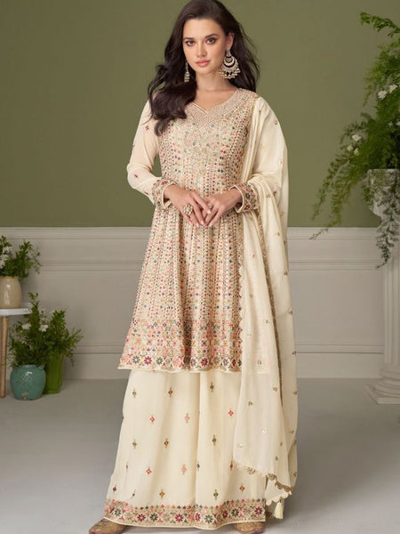 Cream Embroidery Real Georgette Salwar Suit