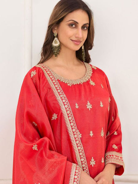Red Embroidery Real Simar Silk Salwar suit