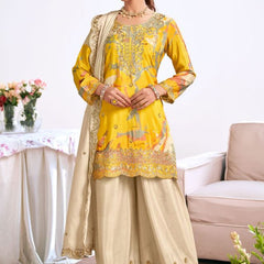 Yellow Embroidery Chinon Silk Salwar Suit