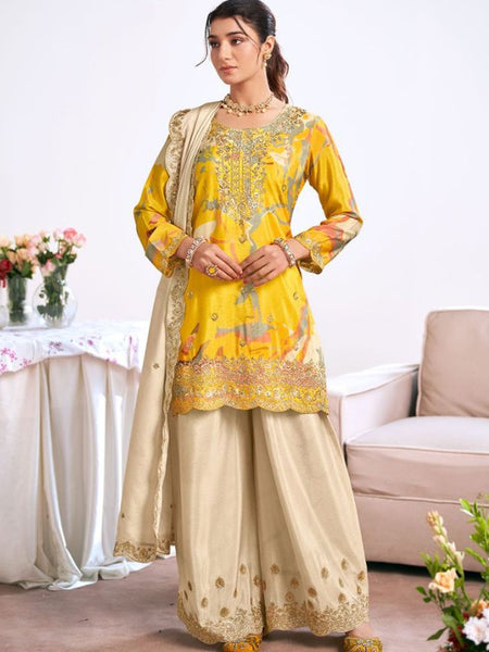 Yellow Embroidery Chinon Silk Salwar Suit