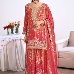 Red Embroidery Chinon Silk Salwar Suit