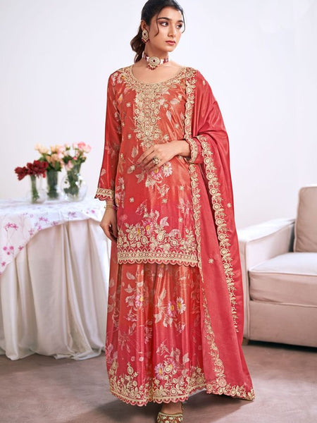 Red Embroidery Chinon Silk Salwar Suit