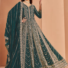 Aqua Green Faux Georgette Embroidered Anarkali Suit
