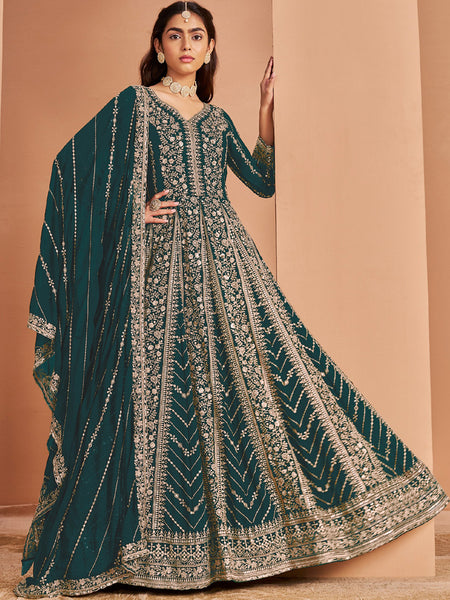 Aqua Green Faux Georgette Embroidered Anarkali Suit
