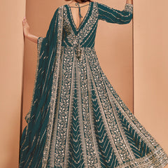 Aqua Green Faux Georgette Embroidered Anarkali Suit