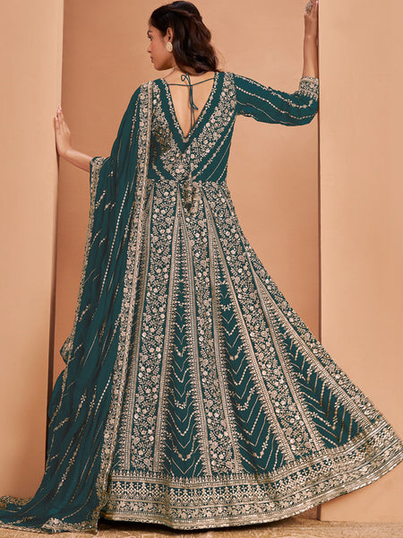 Aqua Green Faux Georgette Embroidered Anarkali Suit