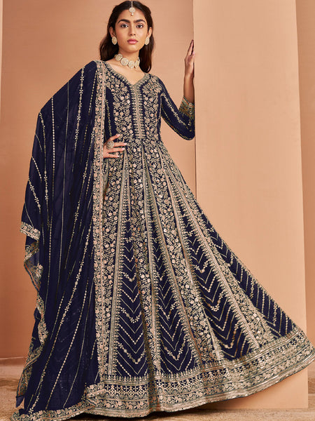 Blue Faux Georgette Embroidered Anarkali Suit