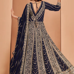Blue Faux Georgette Embroidered Anarkali Suit