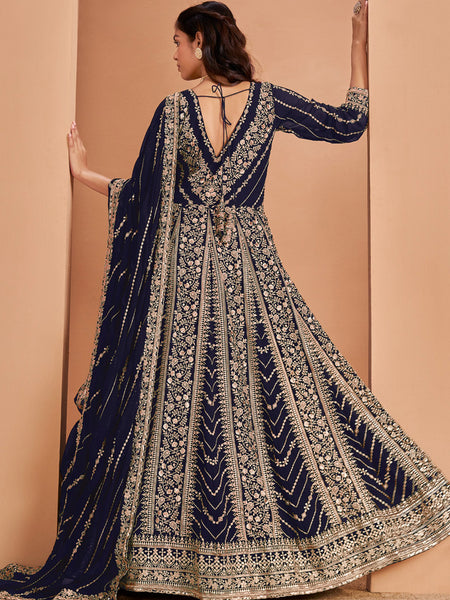 Blue Faux Georgette Embroidered Anarkali Suit