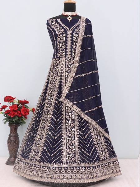 Blue Faux Georgette Embroidered Anarkali Suit