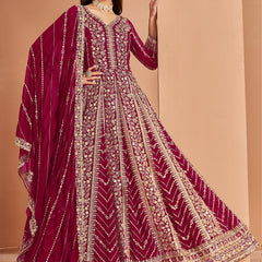 Maroon Faux Georgette Embroidered Anarkali Suit