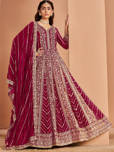 Maroon Faux Georgette Embroidered Anarkali Suit