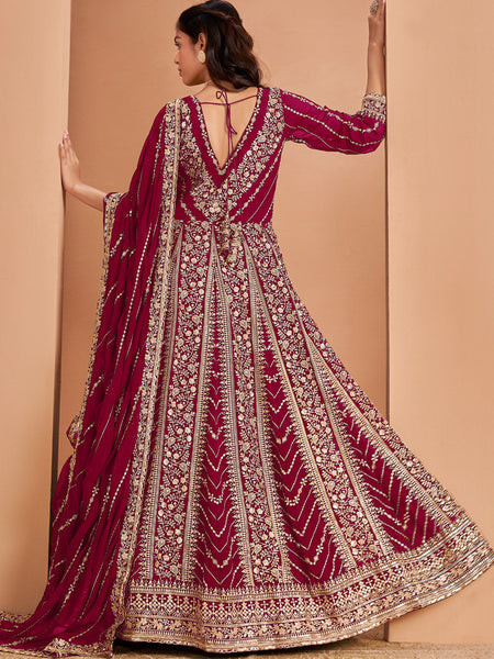 Maroon Faux Georgette Embroidered Anarkali Suit