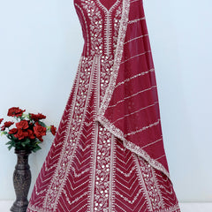 Maroon Faux Georgette Embroidered Anarkali Suit