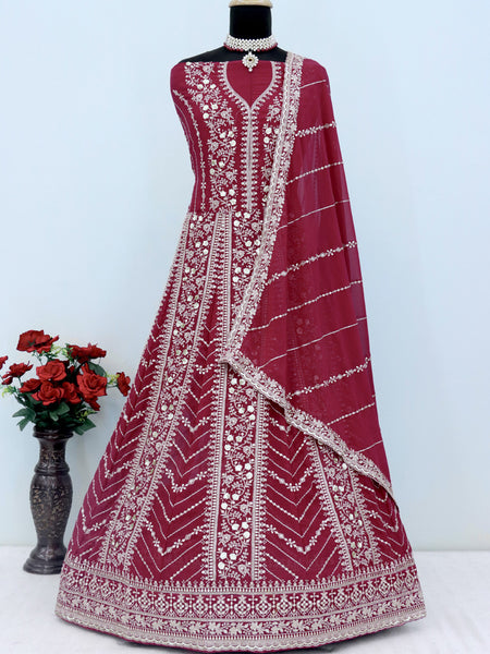 Maroon Faux Georgette Embroidered Anarkali Suit