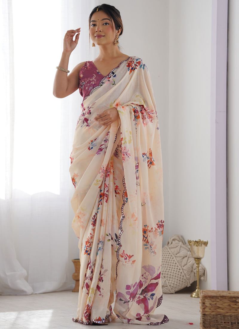 Cream Chinon Silk Print Work With Mirror Work Border Designer Saree