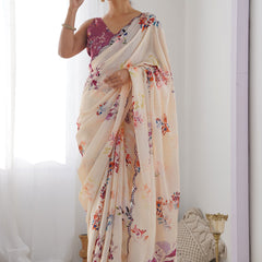 Cream Chinon Silk Print Work With Mirror Work Border Designer Saree
