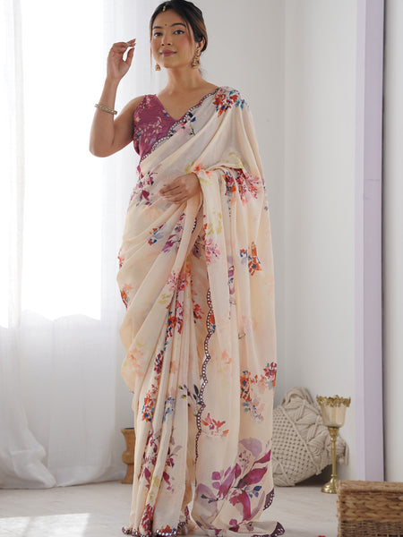 Cream Chinon Silk Print Work With Mirror Work Border Designer Saree