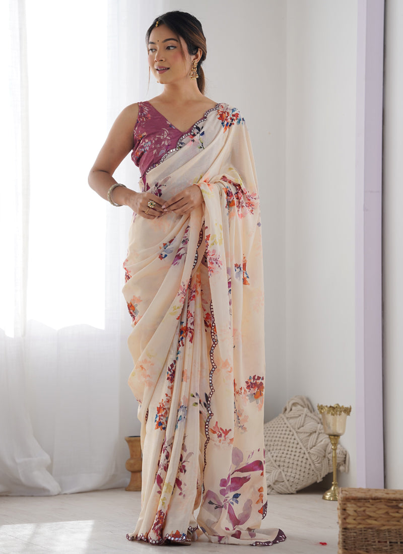 Cream Chinon Silk Print Work With Mirror Work Border Designer Saree