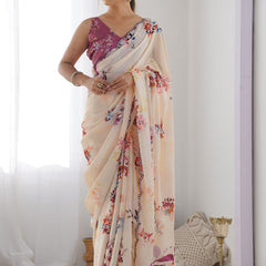Cream Chinon Silk Print Work With Mirror Work Border Designer Saree