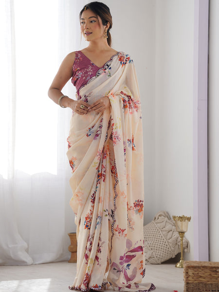 Cream Chinon Silk Print Work With Mirror Work Border Designer Saree