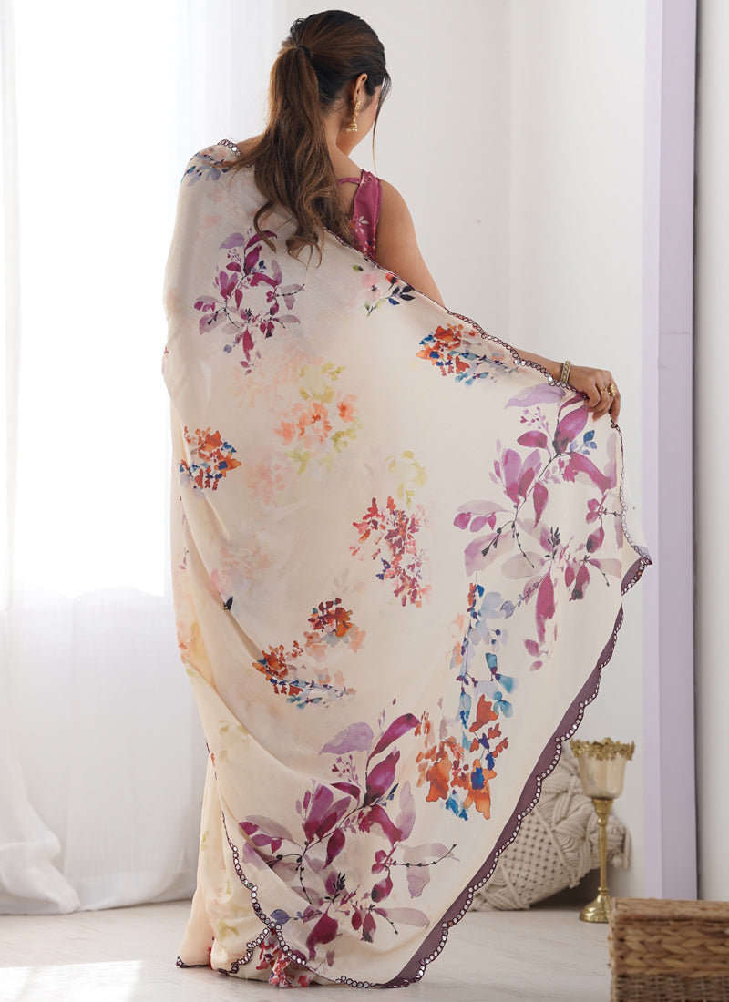 Cream Chinon Silk Print Work With Mirror Work Border Designer Saree