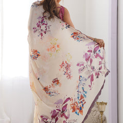 Cream Chinon Silk Print Work With Mirror Work Border Designer Saree