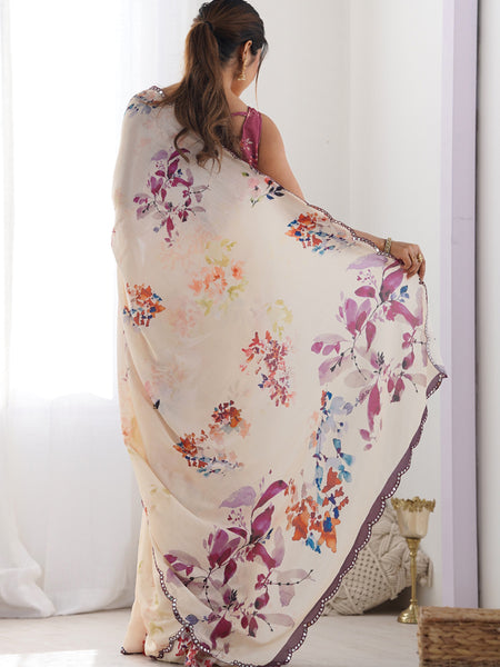 Cream Chinon Silk Print Work With Mirror Work Border Designer Saree