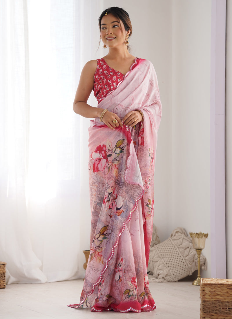 Baby Pink Chinon Silk Print Work With Mirror Work Border Designer Saree
